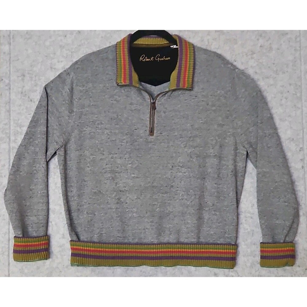 Robert Graham Sweater XL Gray 1/4‑Zip Multicolor Flip Cuff Waist Preppy Dopamine